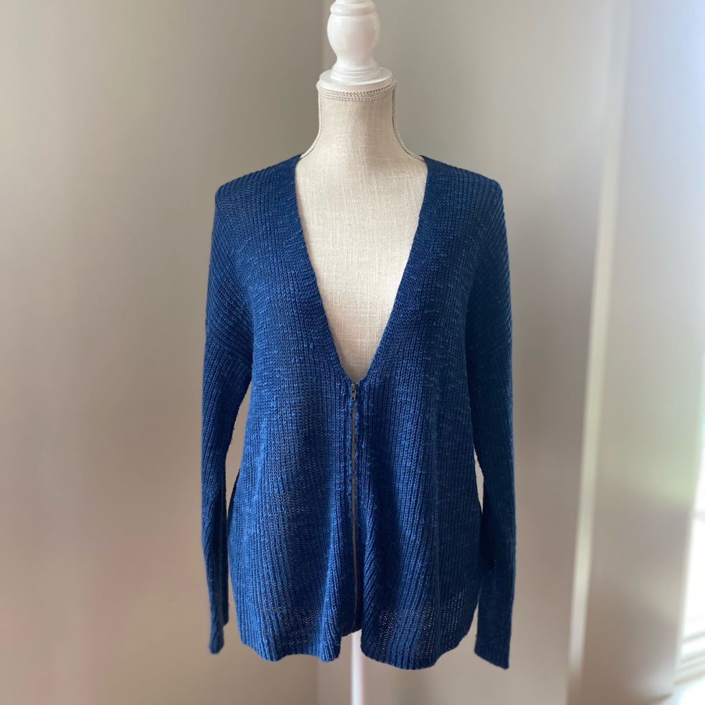 Eileen Fisher Blue V-Neck Organic Linen Cotton Knit Cardigan W Zipper